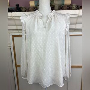 LOFT White Textured Blouse with Ruffle shoulder Details fully lined